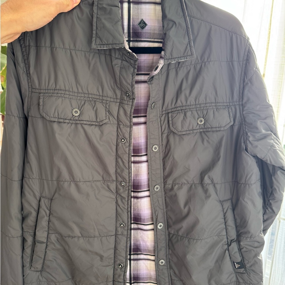 Prana Men's Gray Quilted Shirt Jacket with reversible Plaid Inner